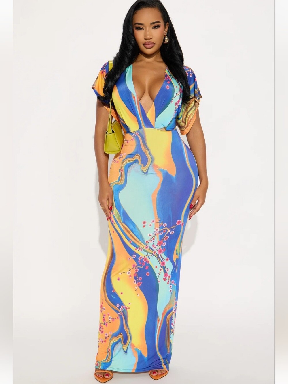NWT Fashion Nova Dalia Short Sleeve Maxi Dress Floral Swirl Low Cut Bodycon 2X